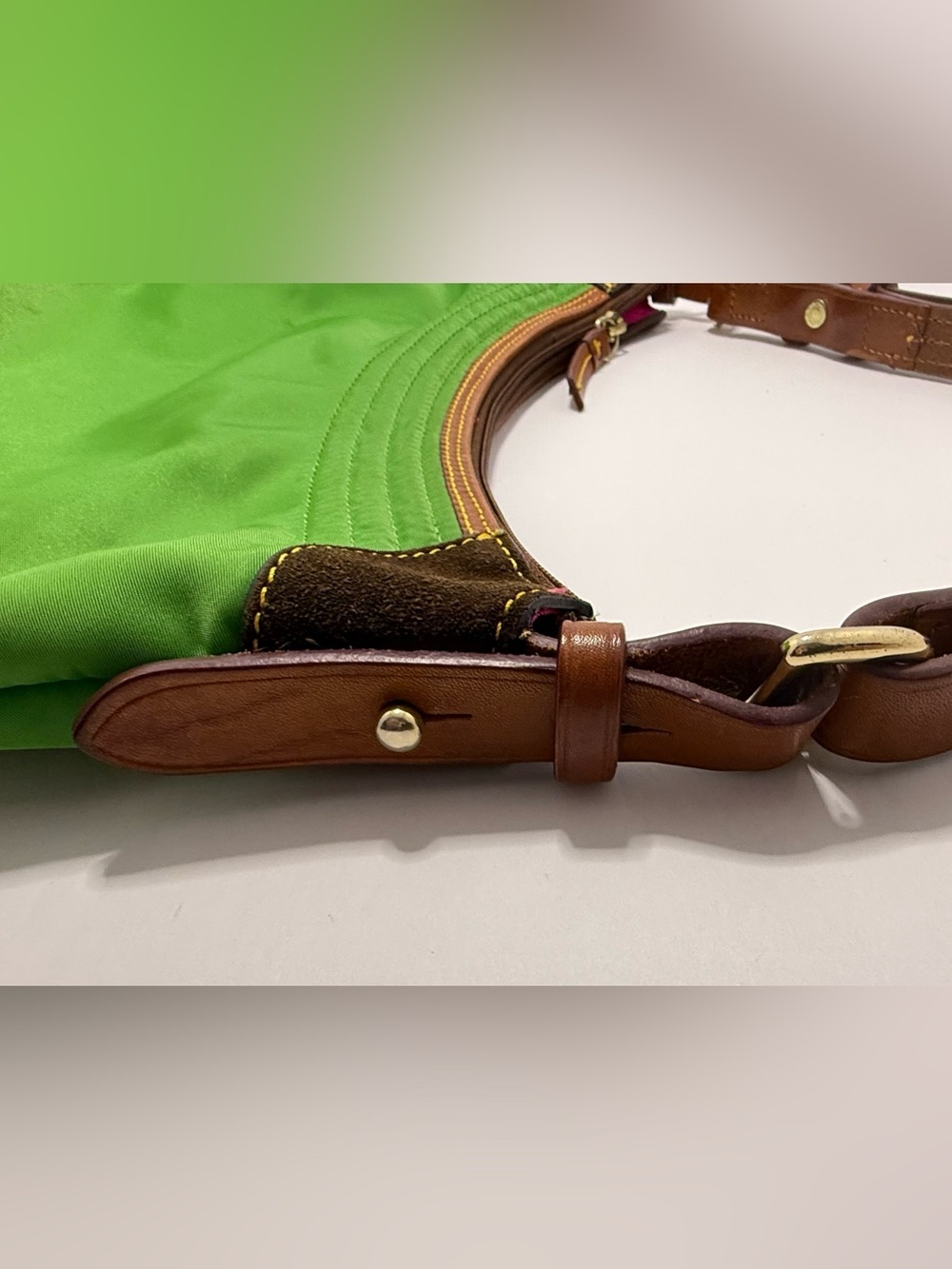 Dooney & Bourke Lime Green Nylon Shoulder Bag Pink Lining. - Picture 10 of 12